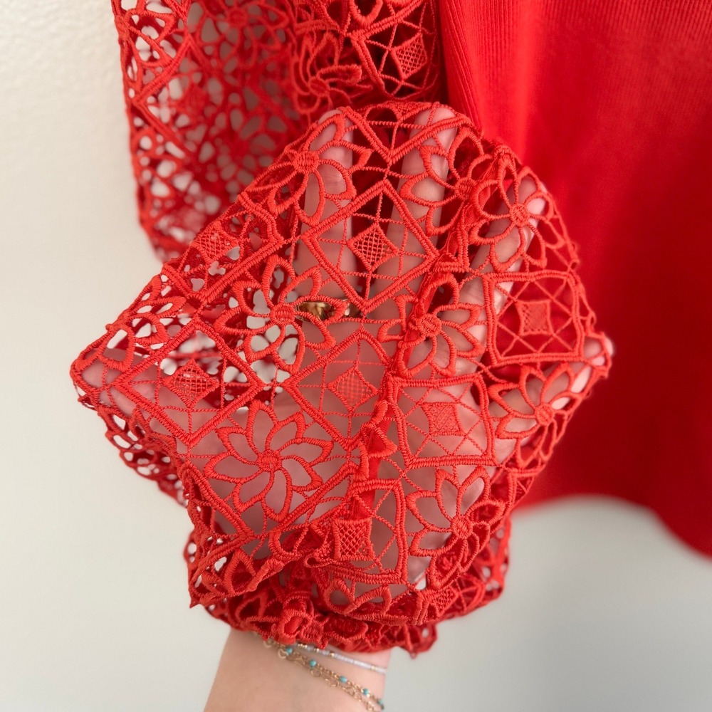 Maeve Anthropologie Red Ribbed Knit Top Floral Guipure Lace Balloon Sleeve Sz XS - Picture 10 of 12